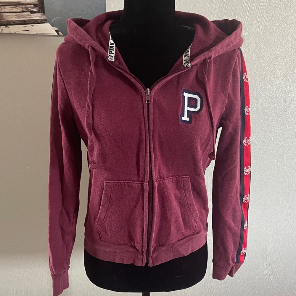 PINK Victoria's Secret | Women’s Burgundy Zip Up Hoodie with Letter P Size Small